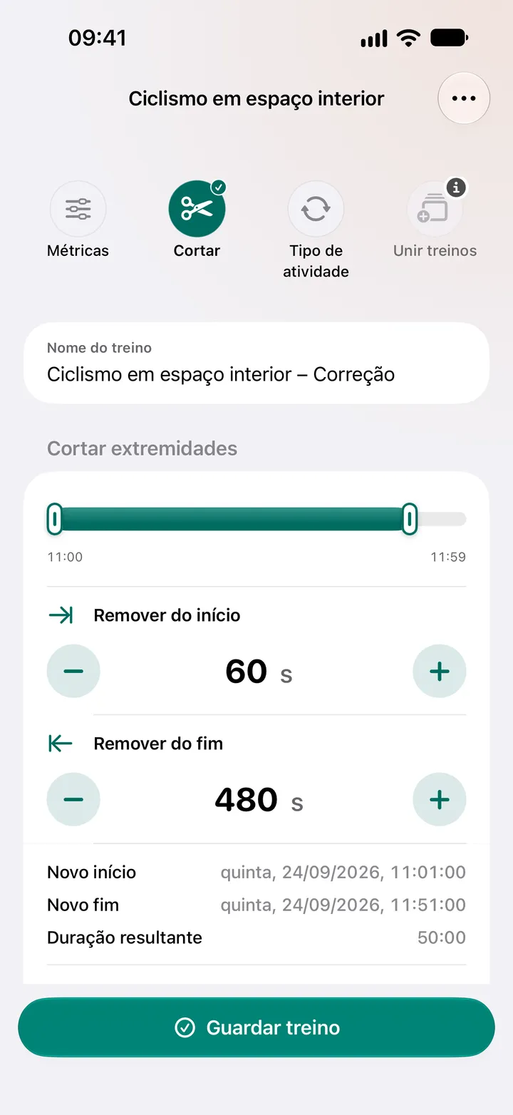 Editor Cortar extremidades de um treino de ciclismo em espaço interior: 60 segundos removidos do início e 480 segundos do fim, com uma duração de 50:00.