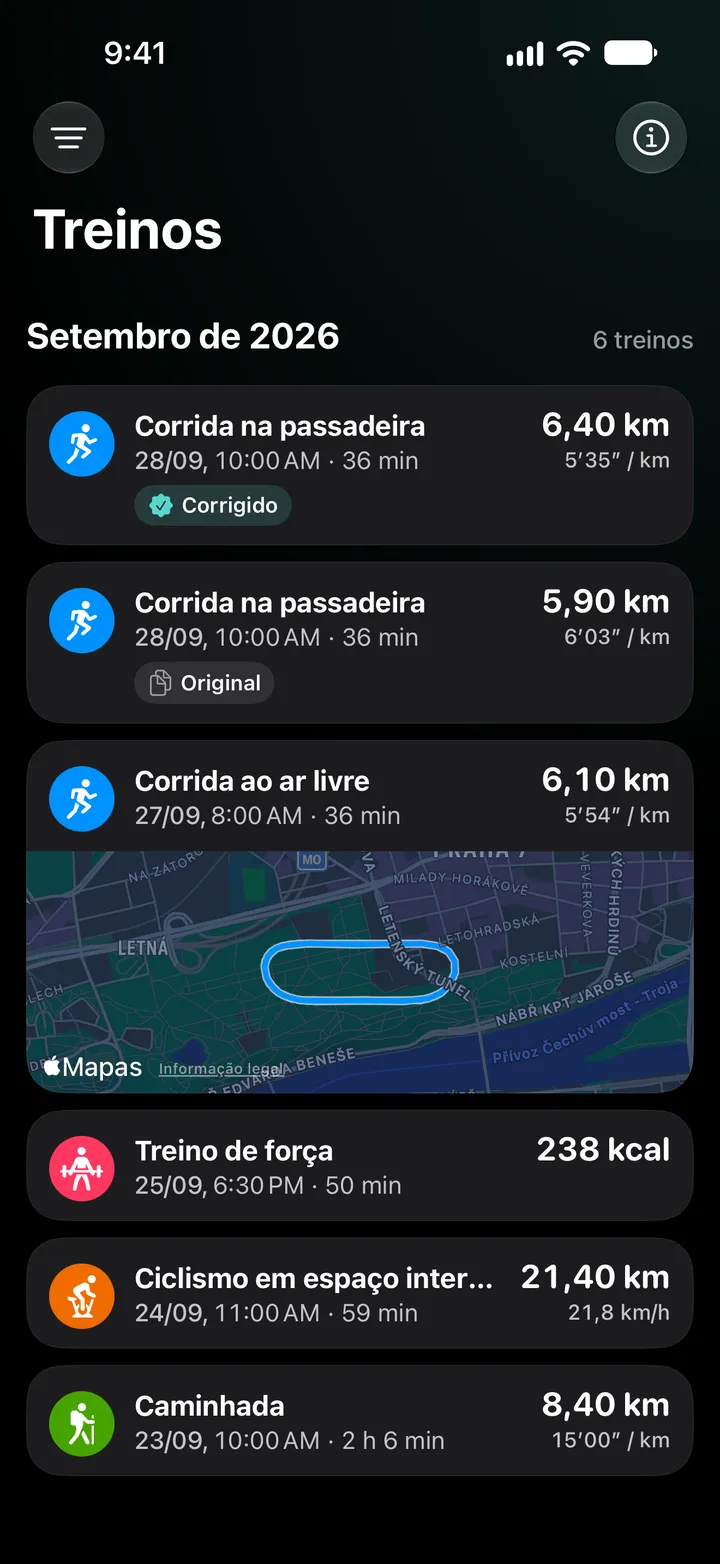 Lista de treinos de setembro de 2026: a corrida na passadeira corrigida com 6,40 km acima da original com 5,90 km, depois uma corrida ao ar livre com o percurso, treino de força, ciclismo em espaço interior e uma caminhada na natureza.