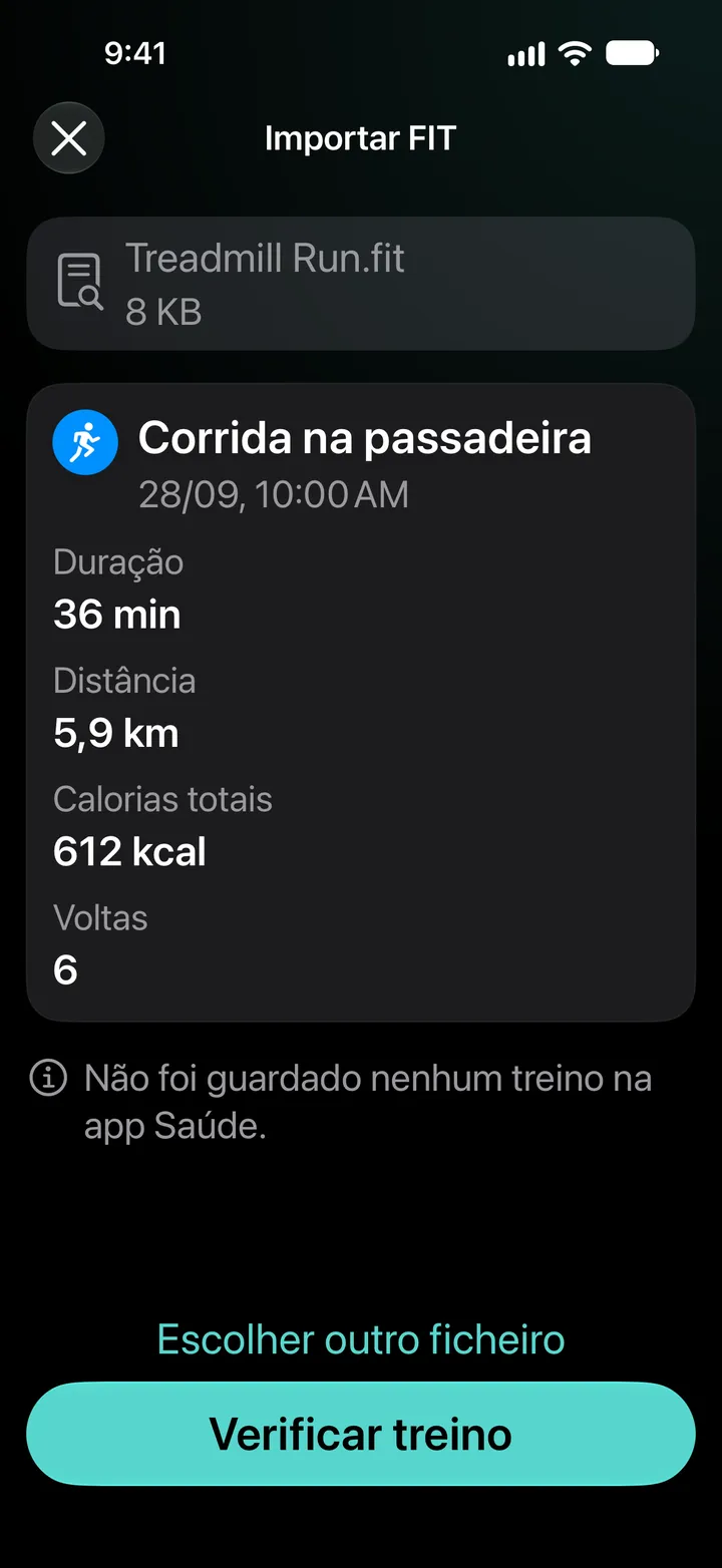 Pré-visualização da importação FIT de Treadmill Run.fit: 36 minutos, 5,9 km, 612 kcal, 6 voltas. Não foi guardado nenhum treino na aplicação Saúde.