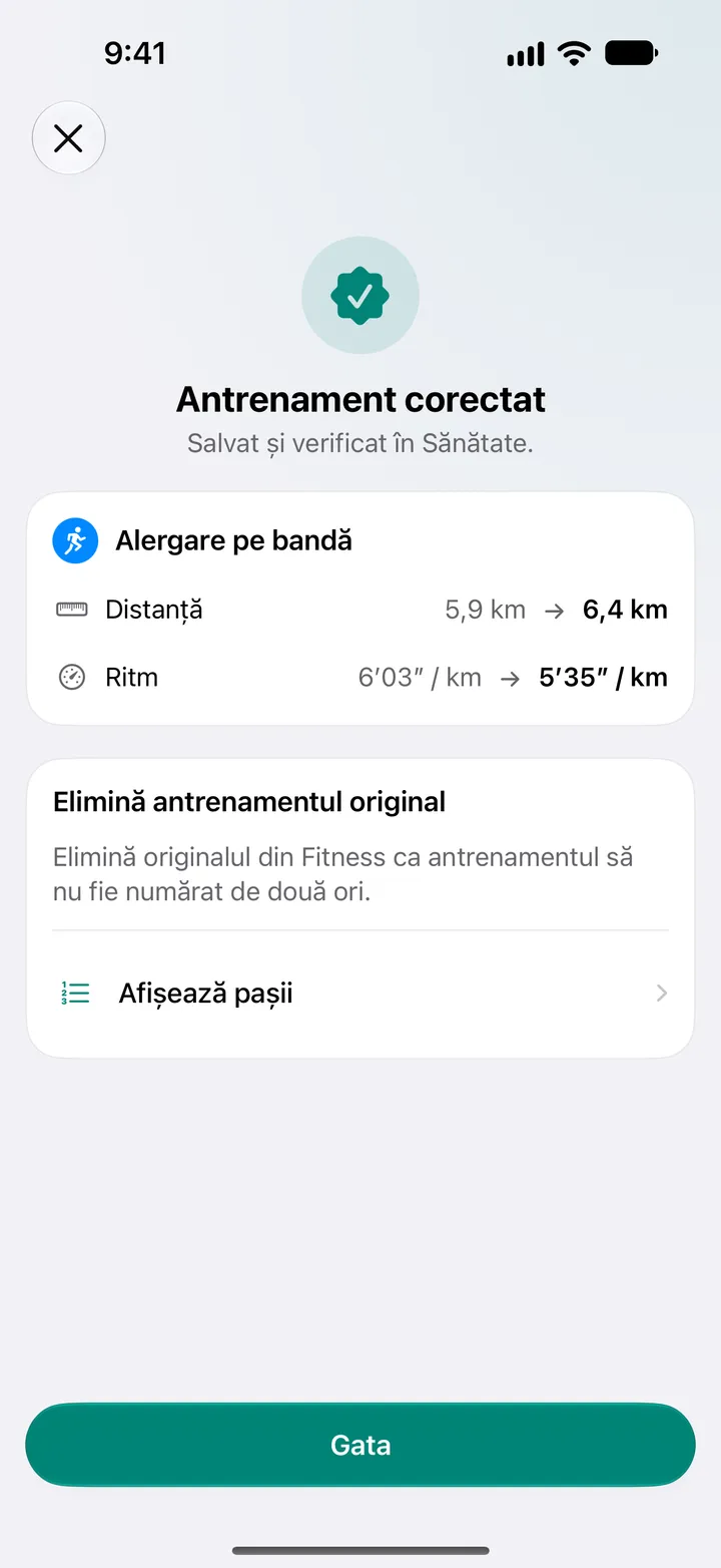 Antrenament corectat, salvat și verificat în Sănătate. Distanța alergării pe bandă a fost schimbată din 5,9 km în 6,4 km, iar ritmul din 6′03″ în 5′35″ pe kilometru.