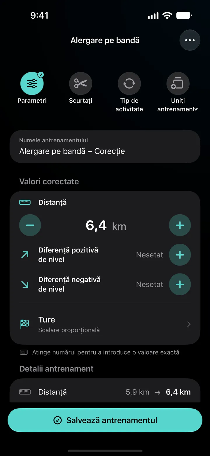 Editorul Alergare pe bandă – Corecție cu distanța setată la 6,4 km, turele împărțite prin Scalare proporțională și detaliile antrenamentului cu 5,9 km schimbat în 6,4 km.