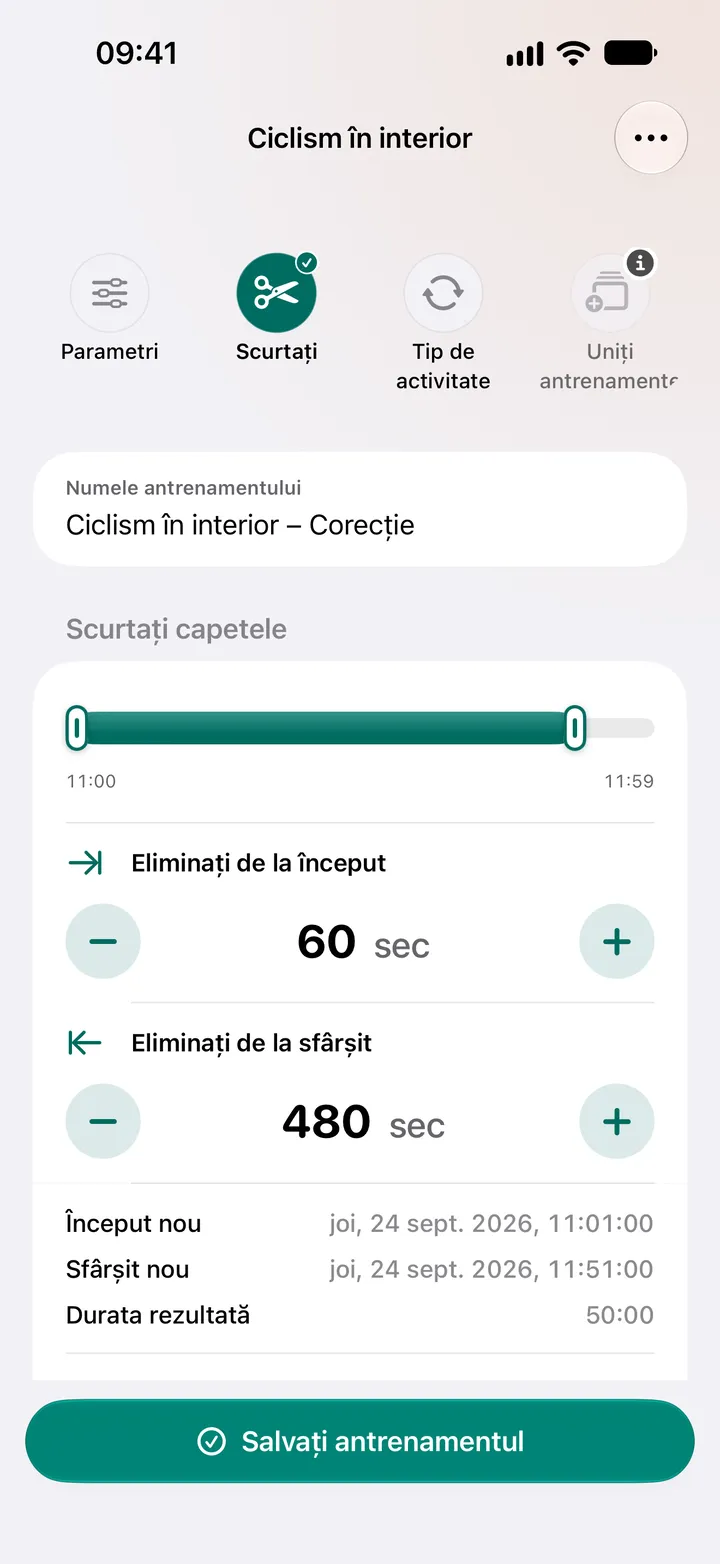 Editorul de scurtare al unei sesiuni de ciclism în interior: 60 de secunde eliminate de la început și 480 de secunde de la sfârșit, pentru o durată de 50:00.