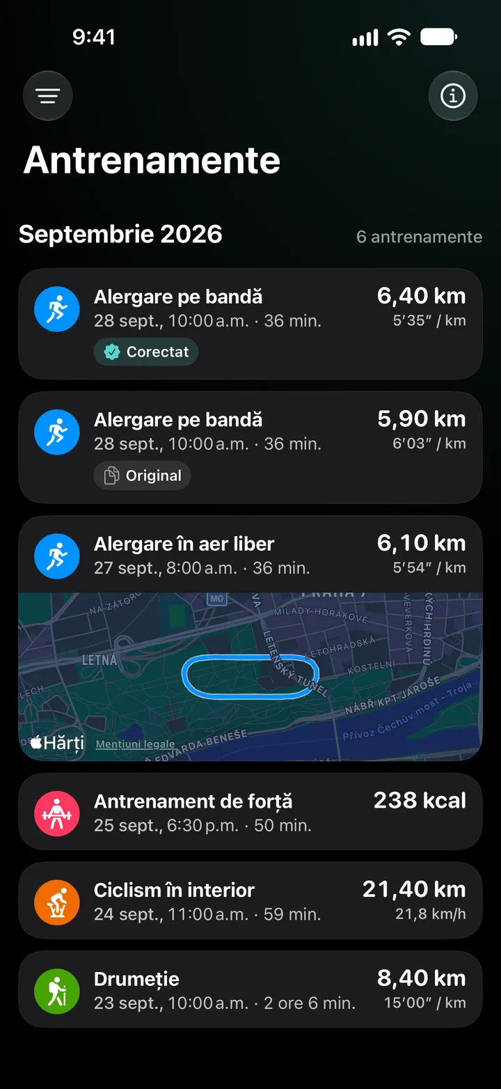 Lista de antrenamente din septembrie 2026: alergarea pe bandă corectată cu 6,40 km deasupra originalului cu 5,90 km, apoi o alergare în aer liber cu traseu, un antrenament de forță, ciclism în interior și o drumeție.