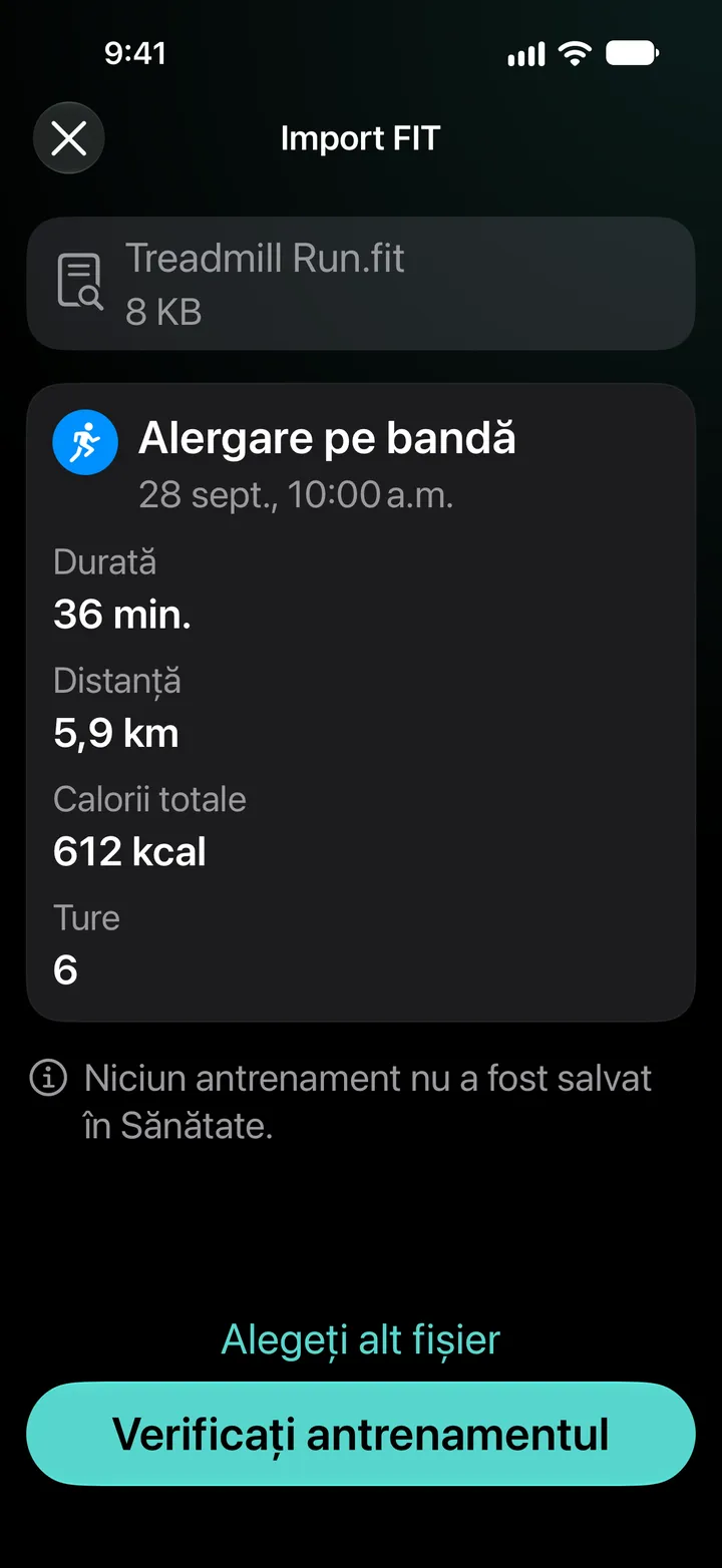 Previzualizarea importului FIT pentru Treadmill Run.fit: 36 de minute, 5,9 km, 612 kcal, 6 ture. Niciun antrenament nu a fost salvat în Sănătate.