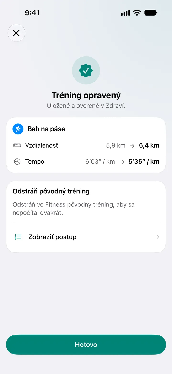 Tréning opravený, uložený a overený v Zdraví. Vzdialenosť behu na páse zmenená z 5,9 km na 6,4 km, tempo z 6′03″ na 5′35″ na kilometer.