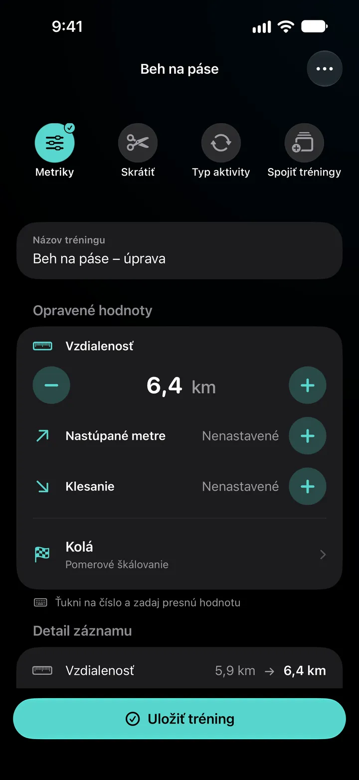 Úprava tréningu Beh na páse – úprava: vzdialenosť 6,4 km, kolá s pomerovým škálovaním a v detaile zmena z 5,9 km na 6,4 km.