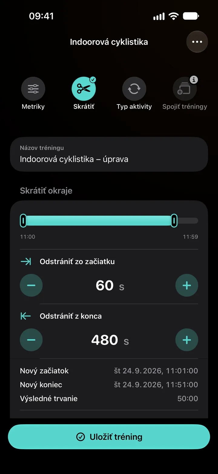 Editor skrátenia tréningu indoorovej cyklistiky: zo začiatku odstránených 60 sekúnd a z konca 480 sekúnd, trvanie 50:00.