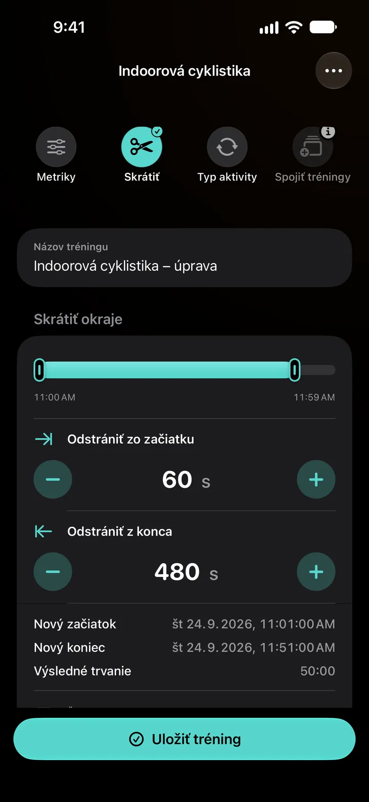 Skrátenie okrajov jazdy na trenažéri: 60 sekúnd odstránených zo začiatku a 480 z konca, nový začiatok 11:01, nový koniec 11:51, výsledné trvanie 50:00.