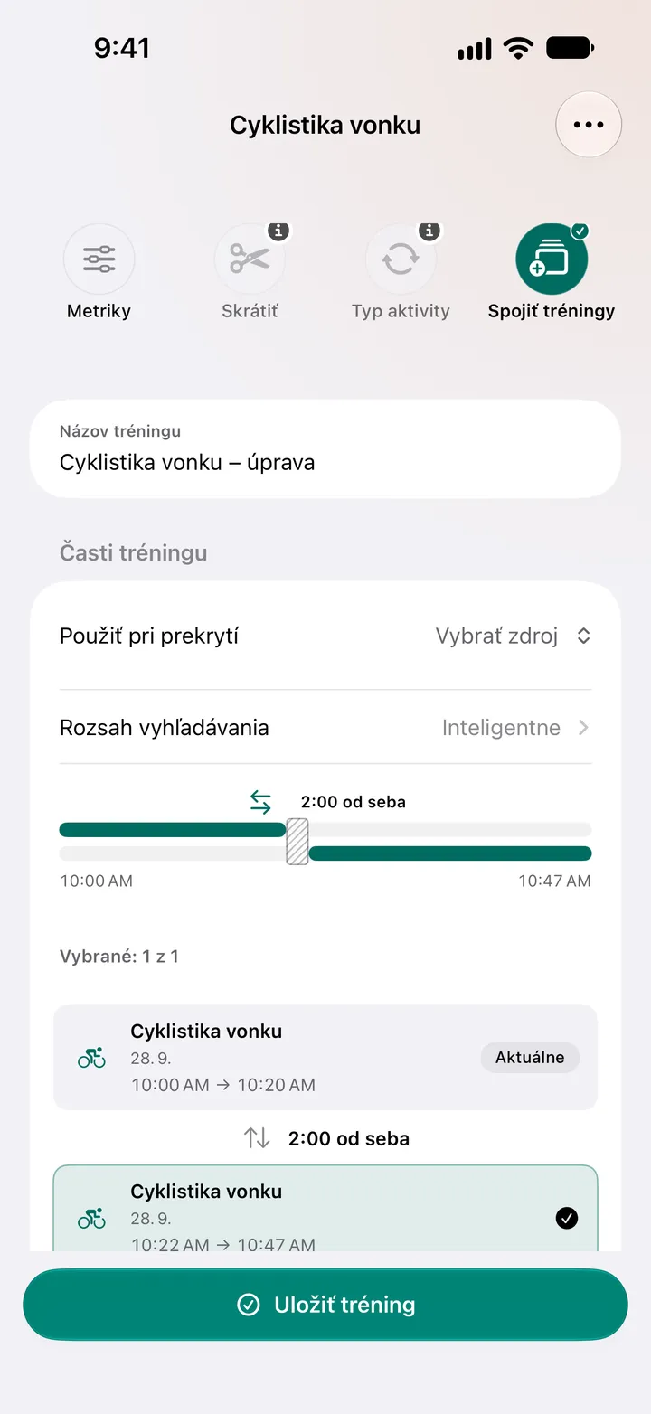 Dve jazdy vonku dve minúty od seba, od 10:00 do 10:20 a od 10:22 do 10:47, vybrané na spojenie, s voľbou zdroja pri prekrytí.