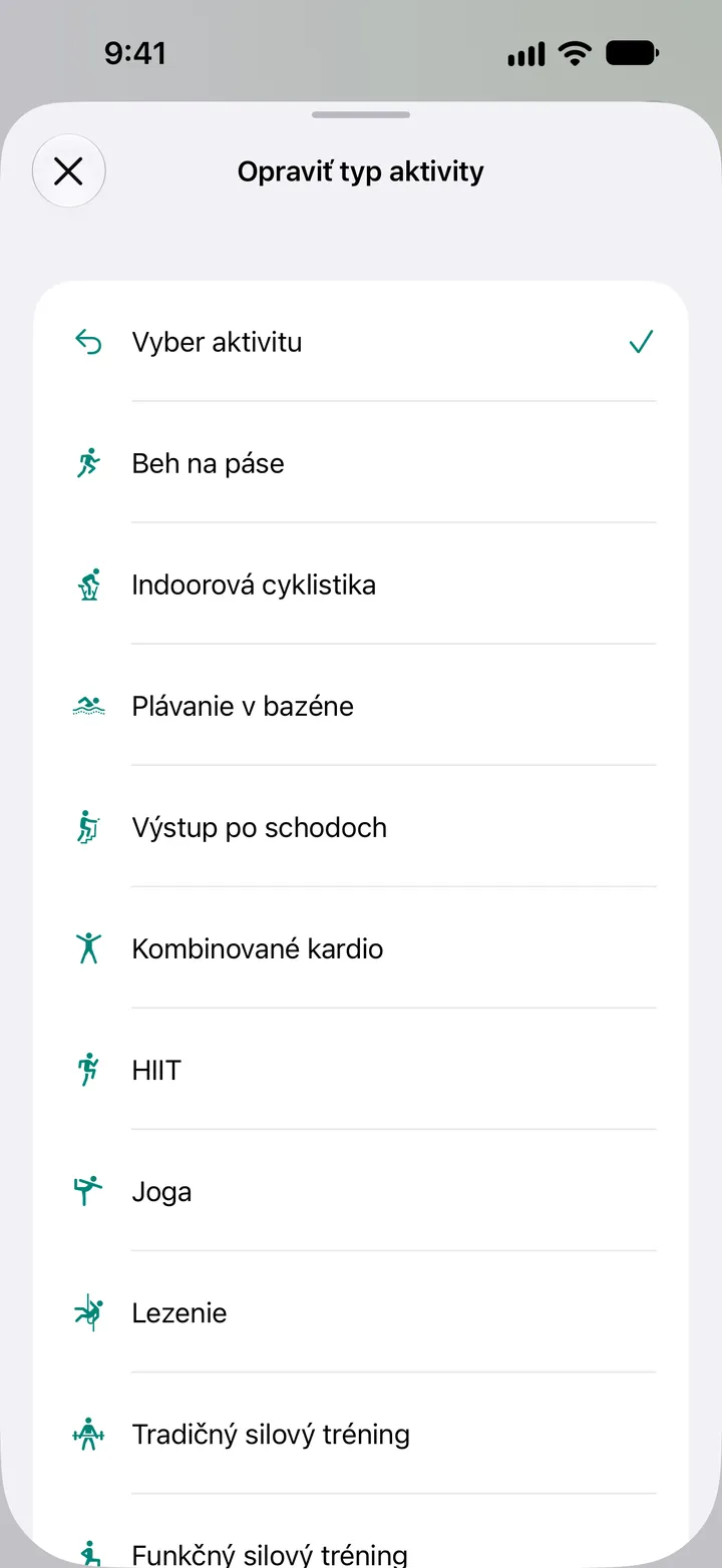 Zoznam Opraviť typ aktivity: beh na páse, indoorová cyklistika, plávanie v bazéne, výstup po schodoch, kombinované kardio, HIIT, joga, lezenie a silový tréning.