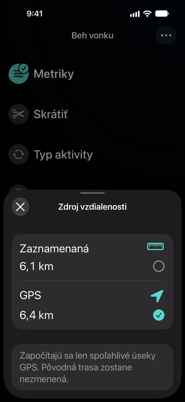 Zdroj vzdialenosti behu vonku: zaznamenaná 6,1 km alebo GPS 6,4 km, vybrané GPS. Započítajú sa len spoľahlivé úseky GPS.