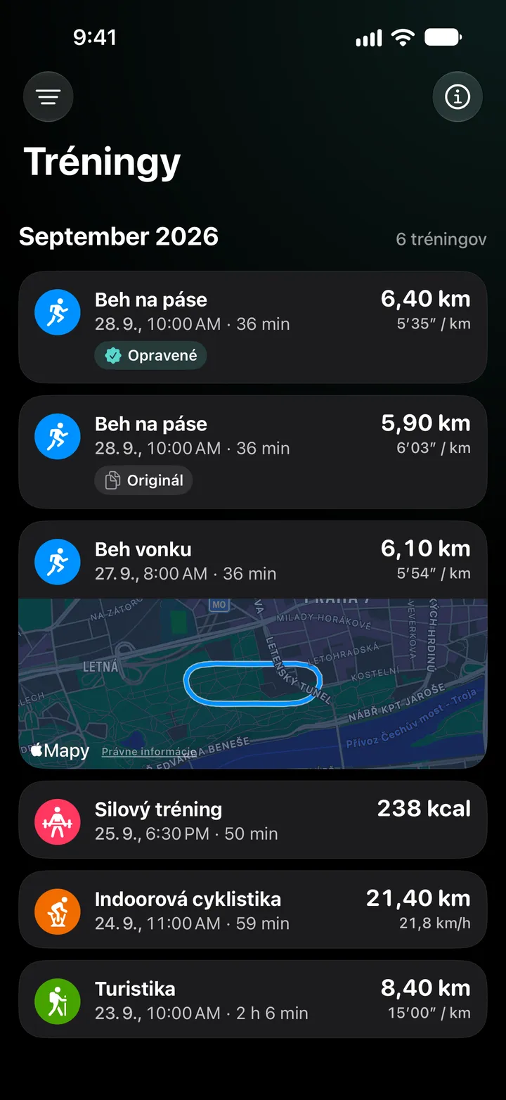 Zoznam tréningov za september 2026: opravený beh na páse so 6,40 km nad pôvodným s 5,90 km, ďalej beh vonku s trasou, silový tréning, indoorová cyklistika a turistika.