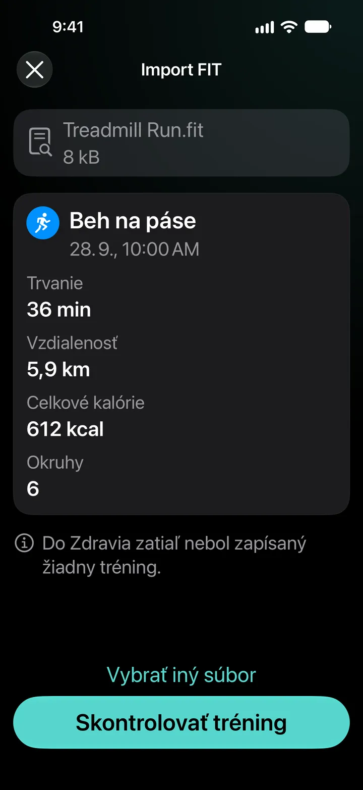 Náhľad importu súboru FIT Treadmill Run.fit: 36 minút, 5,9 km, 612 kcal, 6 kôl. Do Zdravia zatiaľ nebol zapísaný žiadny tréning.