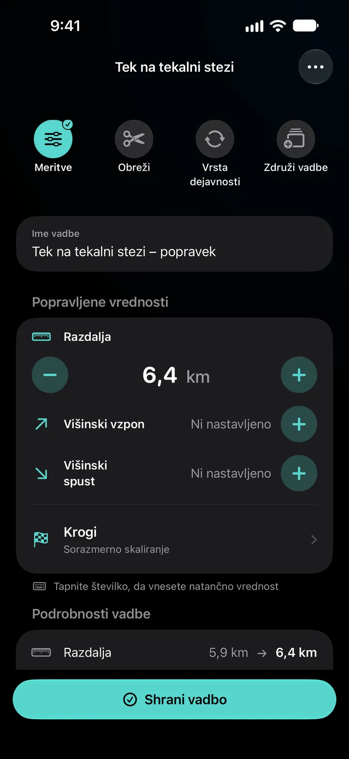 Urejevalnik vadbe Tek na tekalni stezi – popravek z razdaljo, nastavljeno na 6,4 km, enakomerno porazdeljenimi krogi in podrobnostmi vadbe, kjer je 5,9 km spremenjeno v 6,4 km.