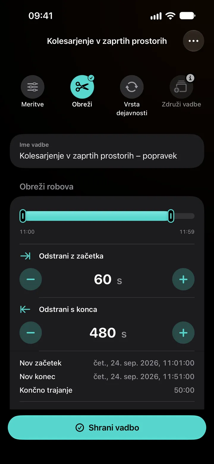 Urejevalnik obrezovanja vadbe kolesarjenja v zaprtih prostorih: 60 sekund odstranjenih z začetka in 480 sekund s konca, trajanje 50:00.