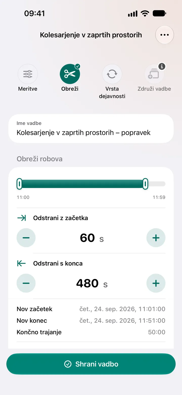 Urejevalnik obrezovanja vadbe kolesarjenja v zaprtih prostorih: 60 sekund odstranjenih z začetka in 480 sekund s konca, trajanje 50:00.