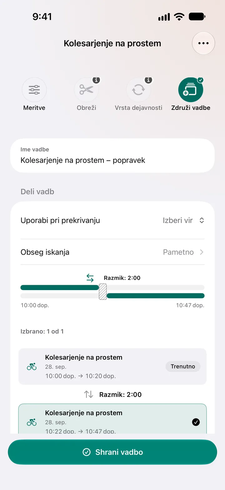 Dve vožnji s kolesom na prostem v razmiku dveh minut, 10:00–10:20 in 10:22–10:47, izbrani za združitev, z izbiro vira, kjer se prekrivata.