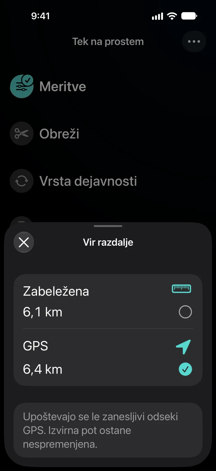 Vir razdalje za tek na prostem: zabeležena 6,1 km ali GPS 6,4 km, izbran je GPS. Upoštevajo se le zanesljivi odseki GPS.