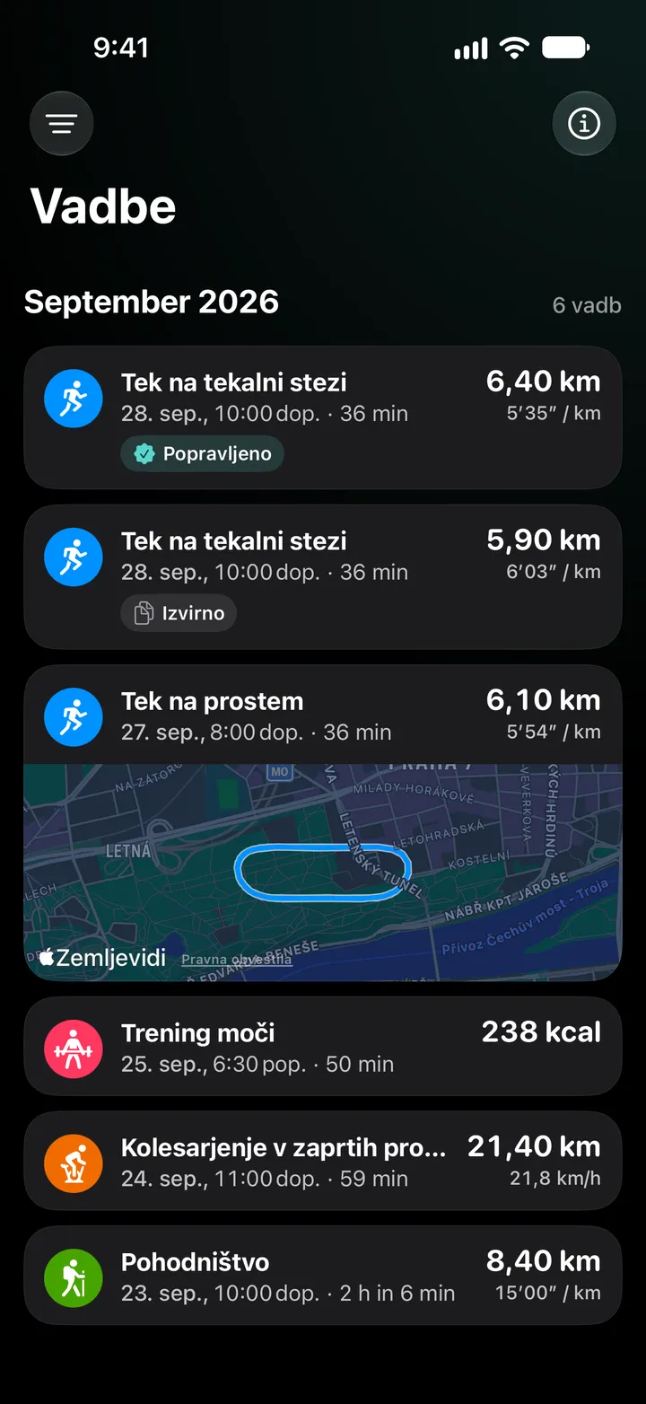 Seznam vadb za september 2026: popravljen tek na tekalni stezi s 6,40 km nad izvirnikom s 5,90 km, nato tek na prostem s potjo, vadba za moč, kolesarjenje v zaprtih prostorih in pohod.