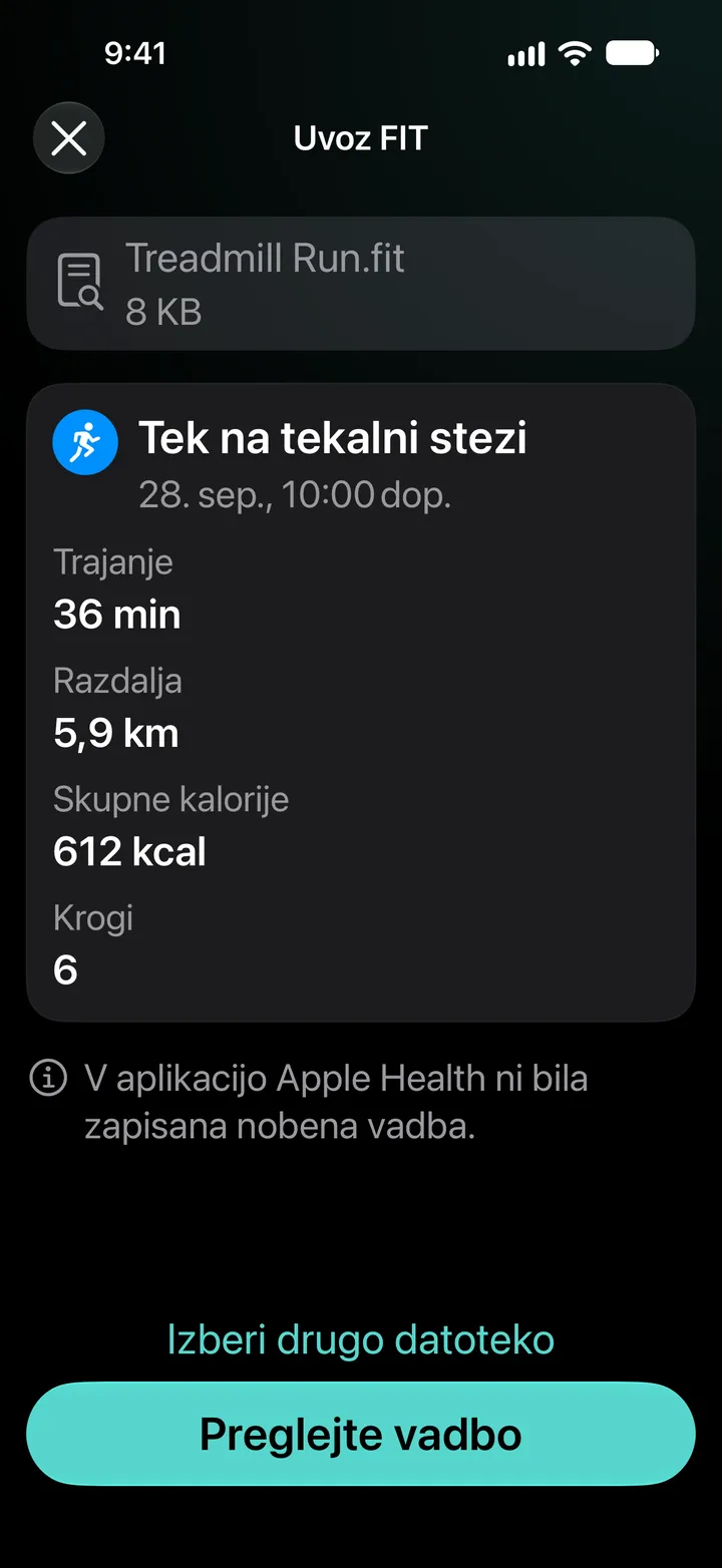 Predogled uvoza FIT za Treadmill Run.fit: 36 minut, 5,9 km, 612 kcal, 6 krogov. V aplikacijo Zdravje ni bila zapisana nobena vadba.