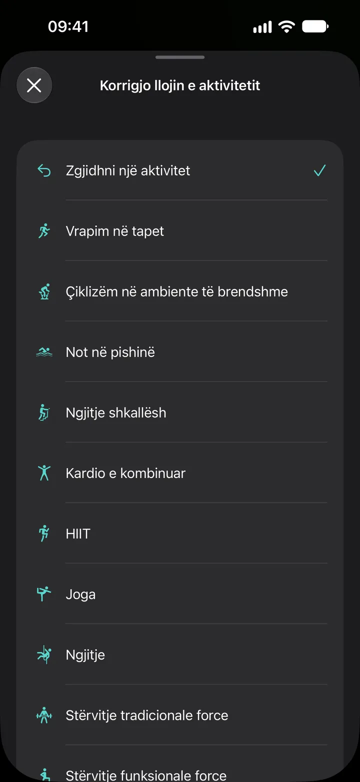 Lista «Korrigjo llojin e aktivitetit» në Fix My Workout: vrapim në tapet, çiklizëm në ambiente të brendshme, not në pishinë, ngjitje shkallësh, kardio e kombinuar, HIIT, joga, ngjitje dhe stërvitje force.
