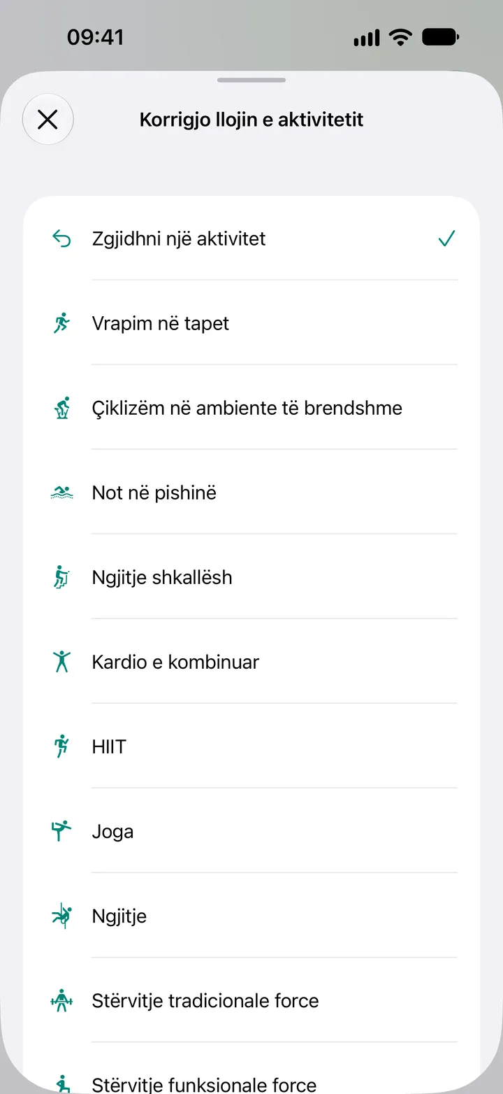 Lista «Korrigjo llojin e aktivitetit» në Fix My Workout: vrapim në tapet, çiklizëm në ambiente të brendshme, not në pishinë, ngjitje shkallësh, kardio e kombinuar, HIIT, joga, ngjitje dhe stërvitje force.