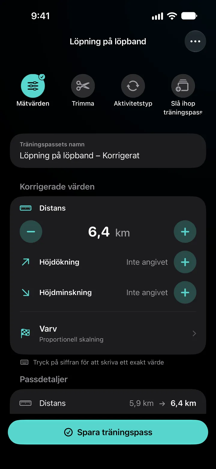 Redigeraren för Löpning på löpband – Korrigerat med distansen inställd på 6,4 km, varv fördelade jämnt och detaljerna om träningspasset som visar 5,9 km ändrat till 6,4 km.