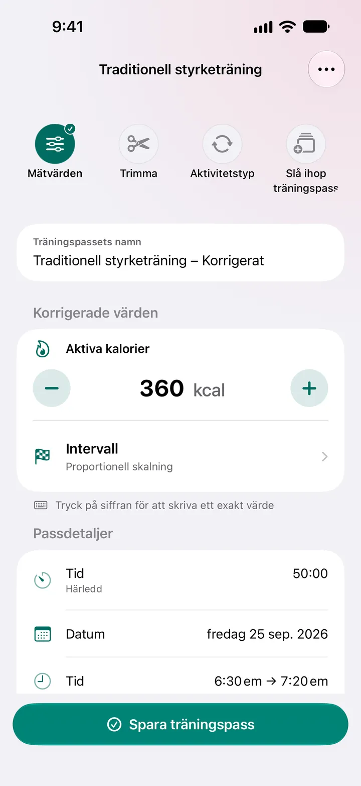 Traditionell styrketräning – Korrigerat med aktiva kalorier inställda på 360 kcal och en tid på 50:00.