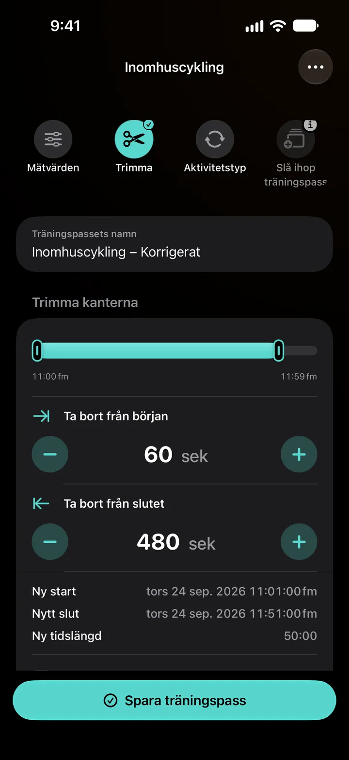 Trimma kanterna på ett inomhuscykelpass: 60 sekunder borttagna i början och 480 i slutet, ny start 11:01, nytt slut 11:51, ny tidslängd 50:00.