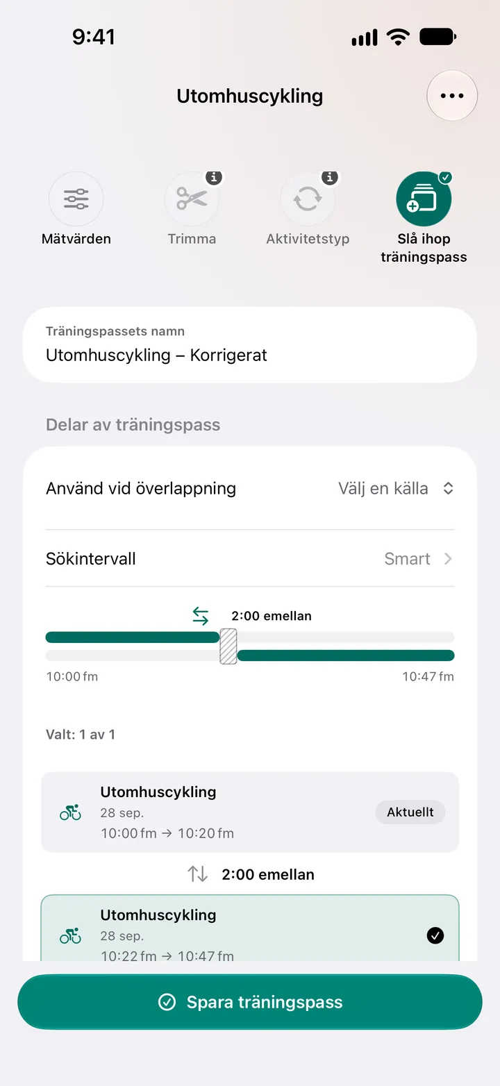 Två cykelturer utomhus med två minuters mellanrum, 10:00 till 10:20 och 10:22 till 10:47, valda för sammanslagning, med val av källa där de överlappar.