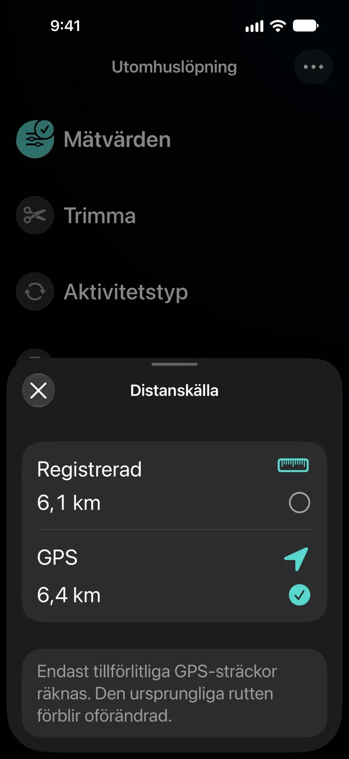 Distanskälla för en utomhuslöpning: registrerad 6,1 km eller GPS 6,4 km, med GPS valt. Endast tillförlitliga GPS-sträckor räknas.