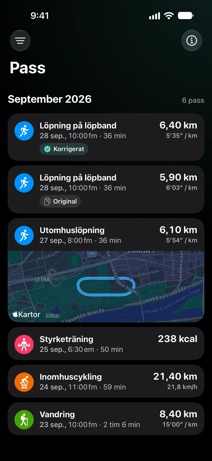 Lista över träningspass för september 2026: det korrigerade löpbandspasset med 6,40 km ovanför originalet med 5,90 km, sedan en utomhuslöpning med rutt, styrketräning, inomhuscykling och en vandring.