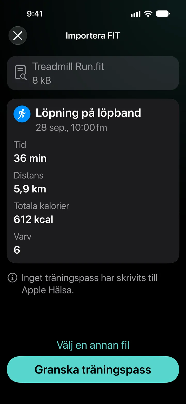 Förhandsvisning i Importera FIT av Treadmill Run.fit: 36 minuter, 5,9 km, 612 kcal, 6 varv. Inget träningspass har skrivits till Hälsa.