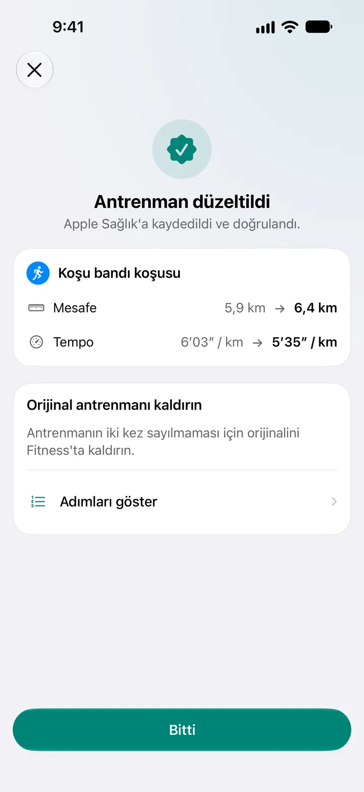 Antrenman Düzeltildi ekranı: Sağlık’a kaydedildi ve doğrulandı. Koşu bandı koşusunda mesafe 5,9 km yerine 6,4 km, tempo kilometre başına 6′03″ yerine 5′35″ oldu.