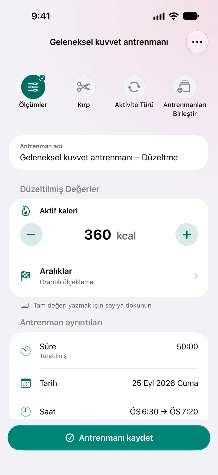 “Geleneksel Kuvvet Antrenmanı – Düzeltme”: aktif kalori 360 kcal, süre 50:00.
