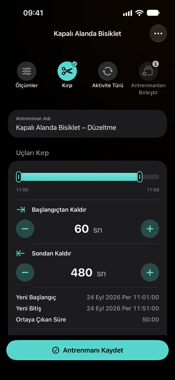 Kapalı alanda bisiklet antrenmanının kırpma düzenleyicisi: baştan 60 saniye ve sondan 480 saniye kaldırıldı, süre 50:00.