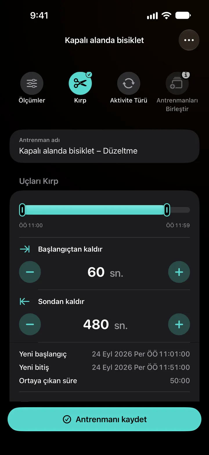 Kapalı alan sürüşünün kenarlarını kırpma: baştan 60 saniye, sondan 480 saniye kaldırıldı, yeni başlangıç 11:01, yeni bitiş 11:51, ortaya çıkan süre 50:00.