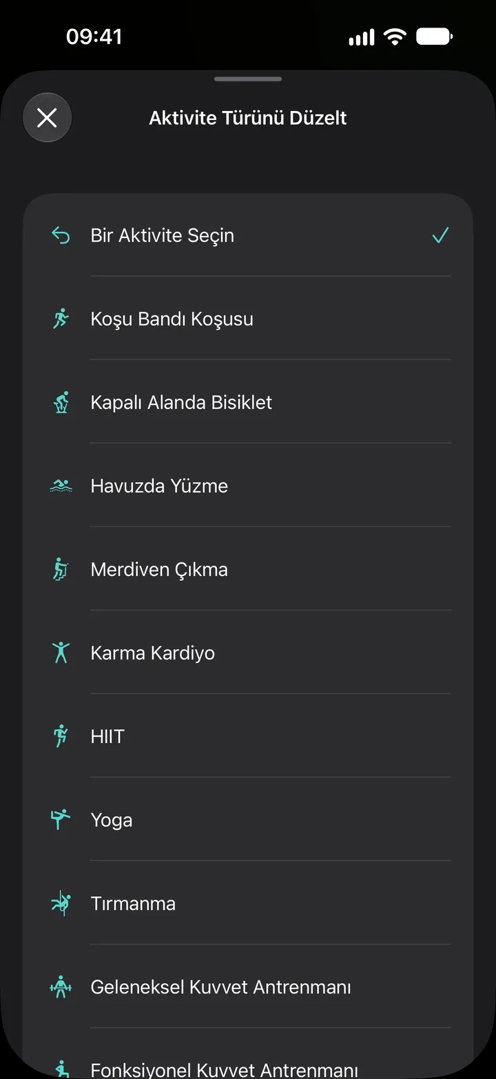 Fix My Workout’ta “Aktivite Türünü Düzelt” listesi: koşu bandı koşusu, kapalı alanda bisiklet, havuzda yüzme, merdiven çıkma, karma kardiyo, HIIT, yoga, tırmanma ve kuvvet antrenmanı.