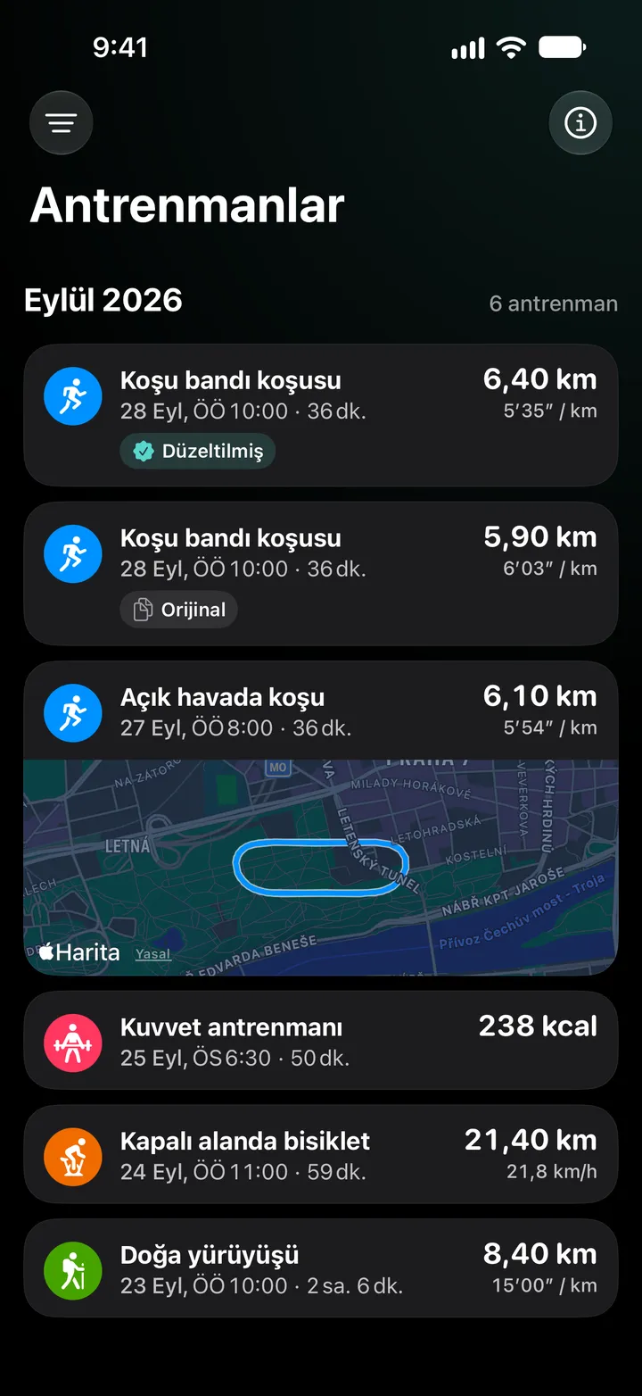 Eylül 2026 antrenman listesi: 5,90 km’lik orijinalin üstünde 6,40 km’lik düzeltilmiş koşu bandı koşusu, ardından rotalı bir açık hava koşusu, kuvvet antrenmanı, kapalı alanda bisiklet ve bir doğa yürüyüşü.