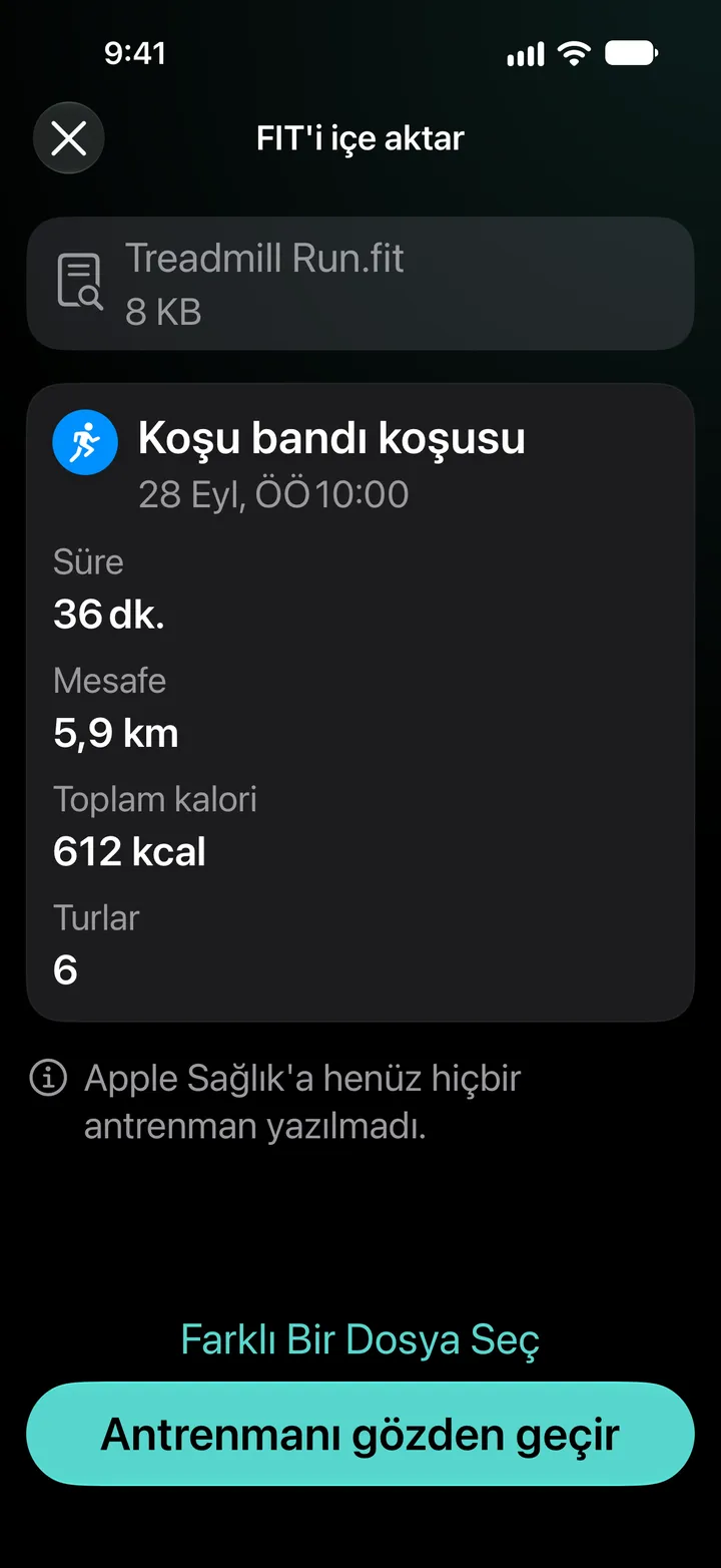 Treadmill Run.fit dosyasının FIT içe aktarma önizlemesi: 36 dakika, 5,9 km, 612 kcal, 6 tur. Sağlık’a henüz hiçbir antrenman yazılmadı.