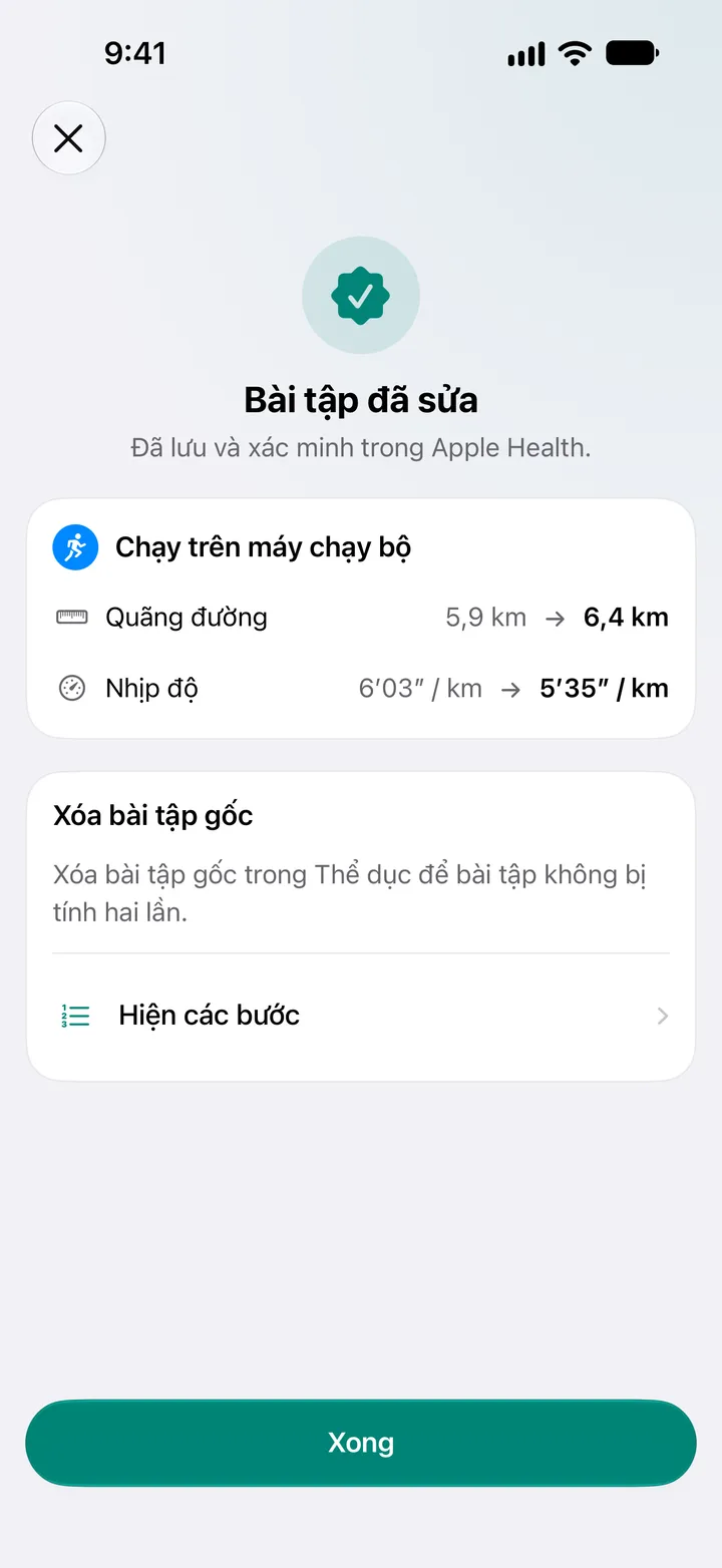 Bài tập đã sửa, đã lưu và xác minh trong Sức khỏe. Quãng đường bài chạy trên máy chạy bộ đổi từ 5,9 km thành 6,4 km, nhịp độ từ 6′03″ thành 5′35″ mỗi kilômét.