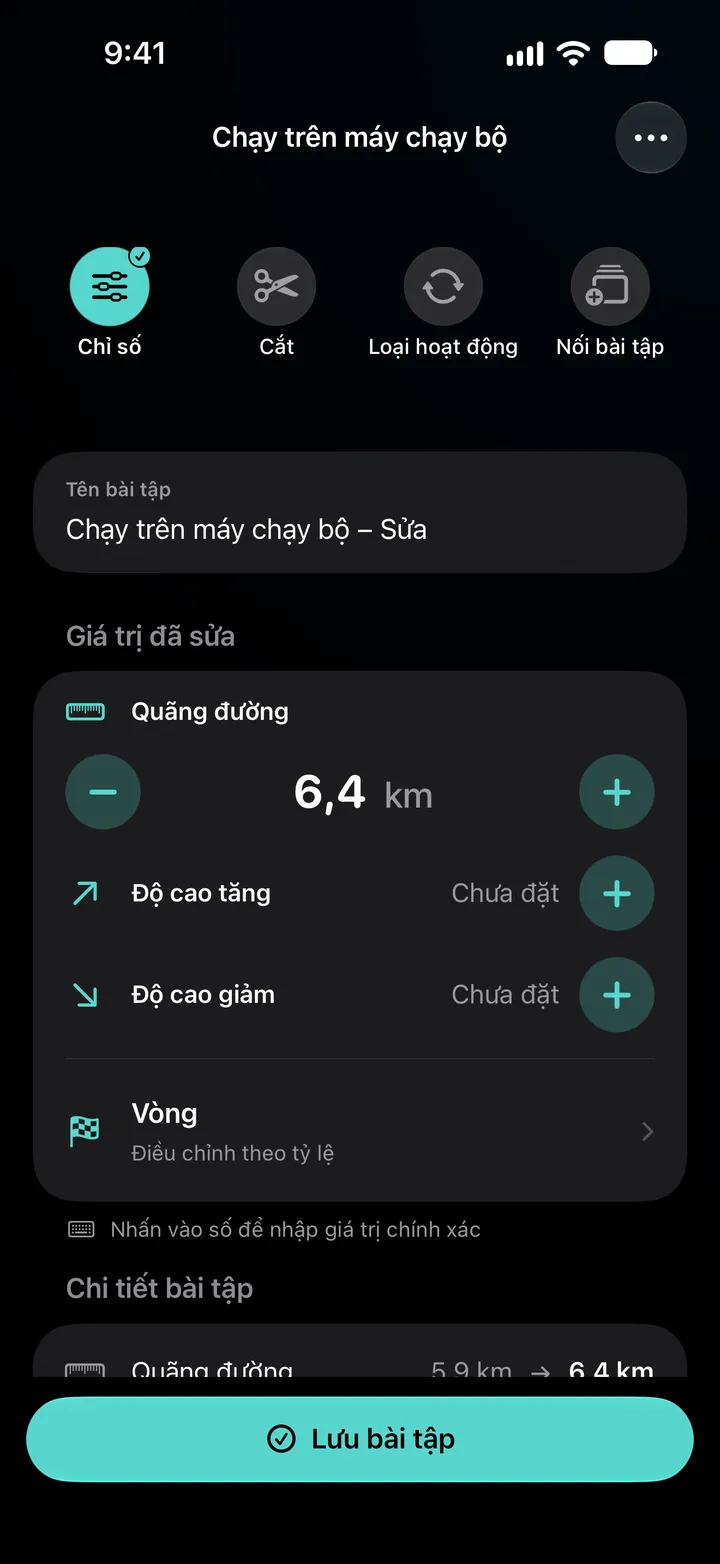 Trình chỉnh sửa “Chạy trên máy chạy bộ – Sửa” với quãng đường đặt là 6,4 km, các vòng chia theo “Phân bổ đều”, và chi tiết bài tập cho thấy 5,9 km đổi thành 6,4 km.