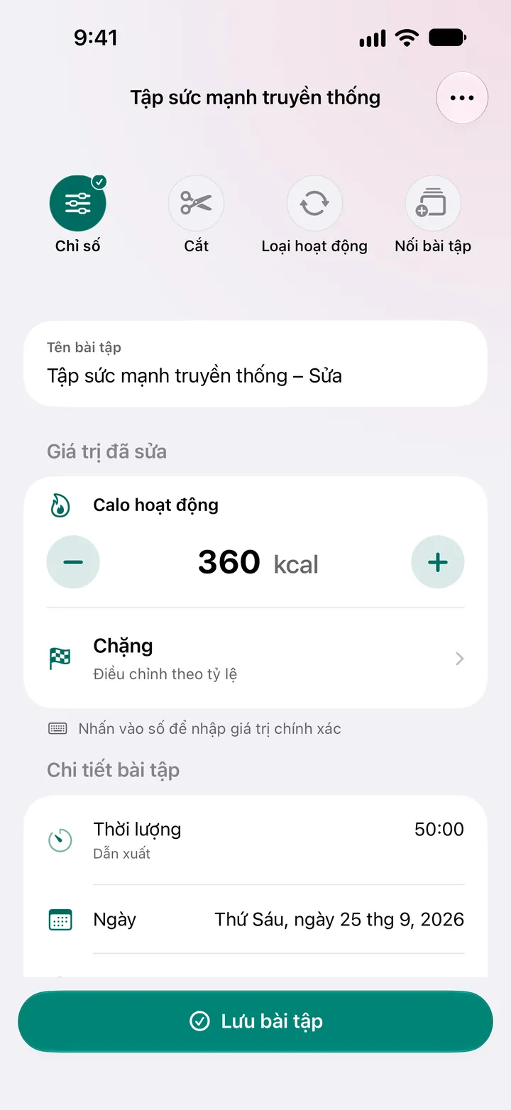 “Tập sức mạnh truyền thống – Sửa” với calo hoạt động đặt là 360 kcal và thời lượng 50:00.