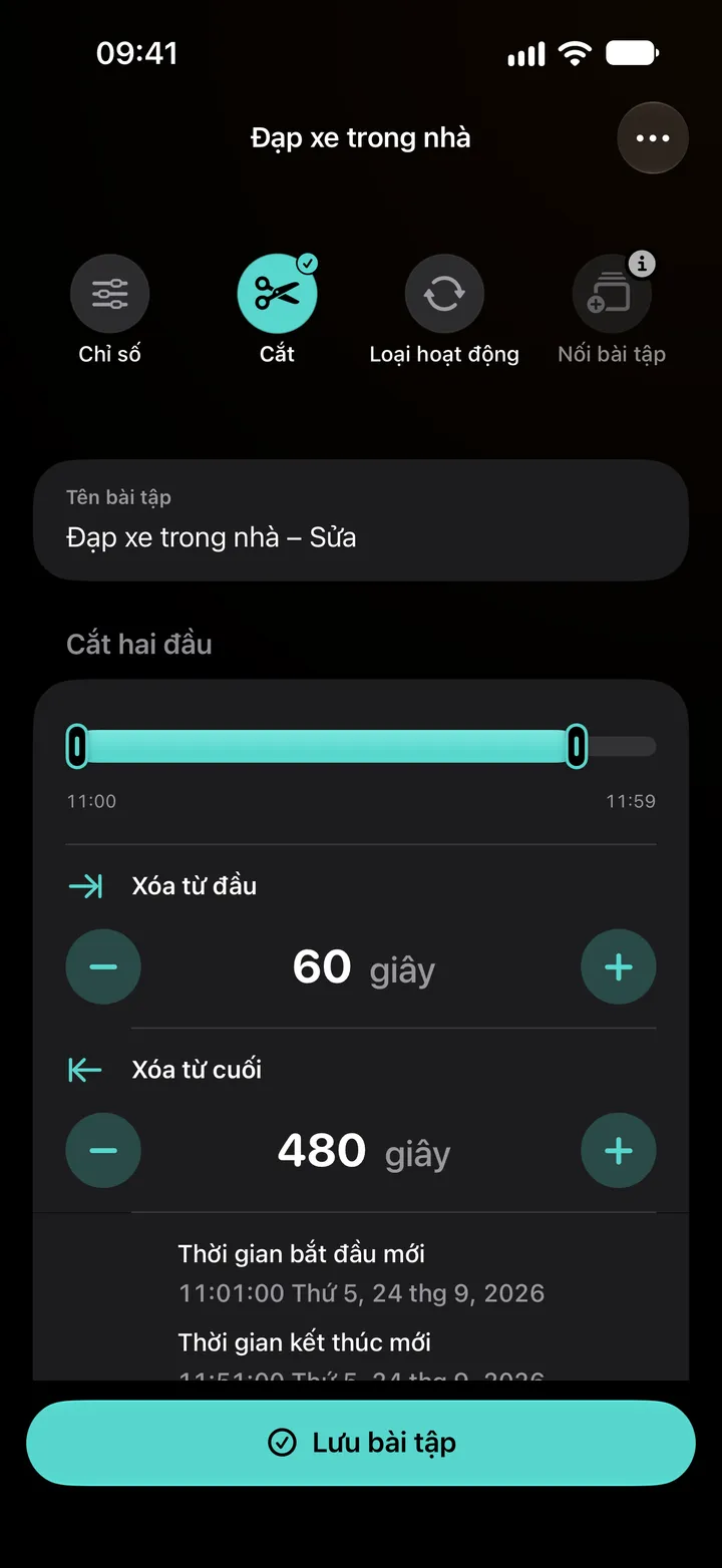 Trình chỉnh sửa “Cắt” của một buổi đạp xe trong nhà: xóa 60 giây ở đầu và 480 giây ở cuối, thời lượng còn 50:00.