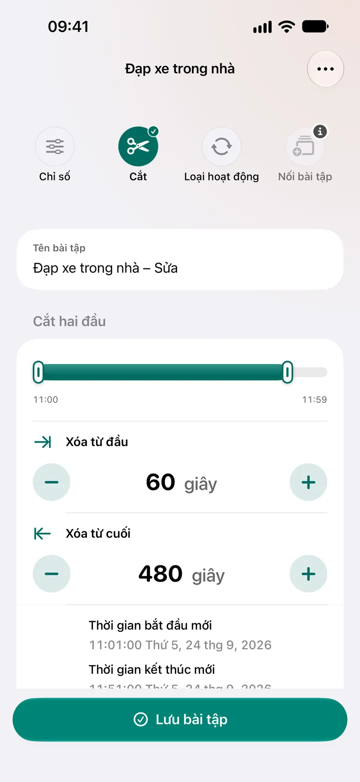 Trình chỉnh sửa “Cắt” của một buổi đạp xe trong nhà: xóa 60 giây ở đầu và 480 giây ở cuối, thời lượng còn 50:00.