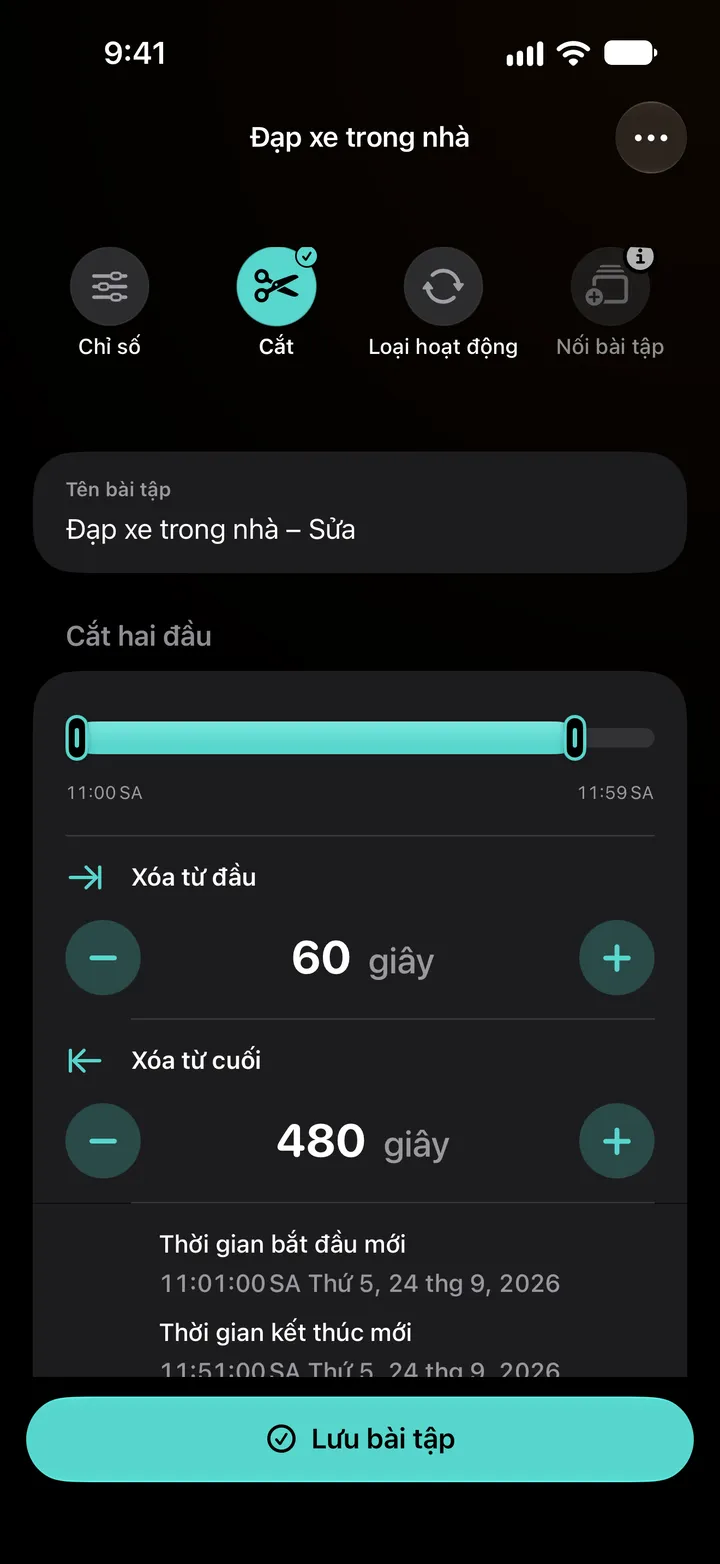 Cắt hai đầu một buổi đạp xe trong nhà: xóa 60 giây ở đầu và 480 giây ở cuối, bắt đầu mới 11:01, kết thúc mới 11:51, thời lượng sau khi cắt 50:00.