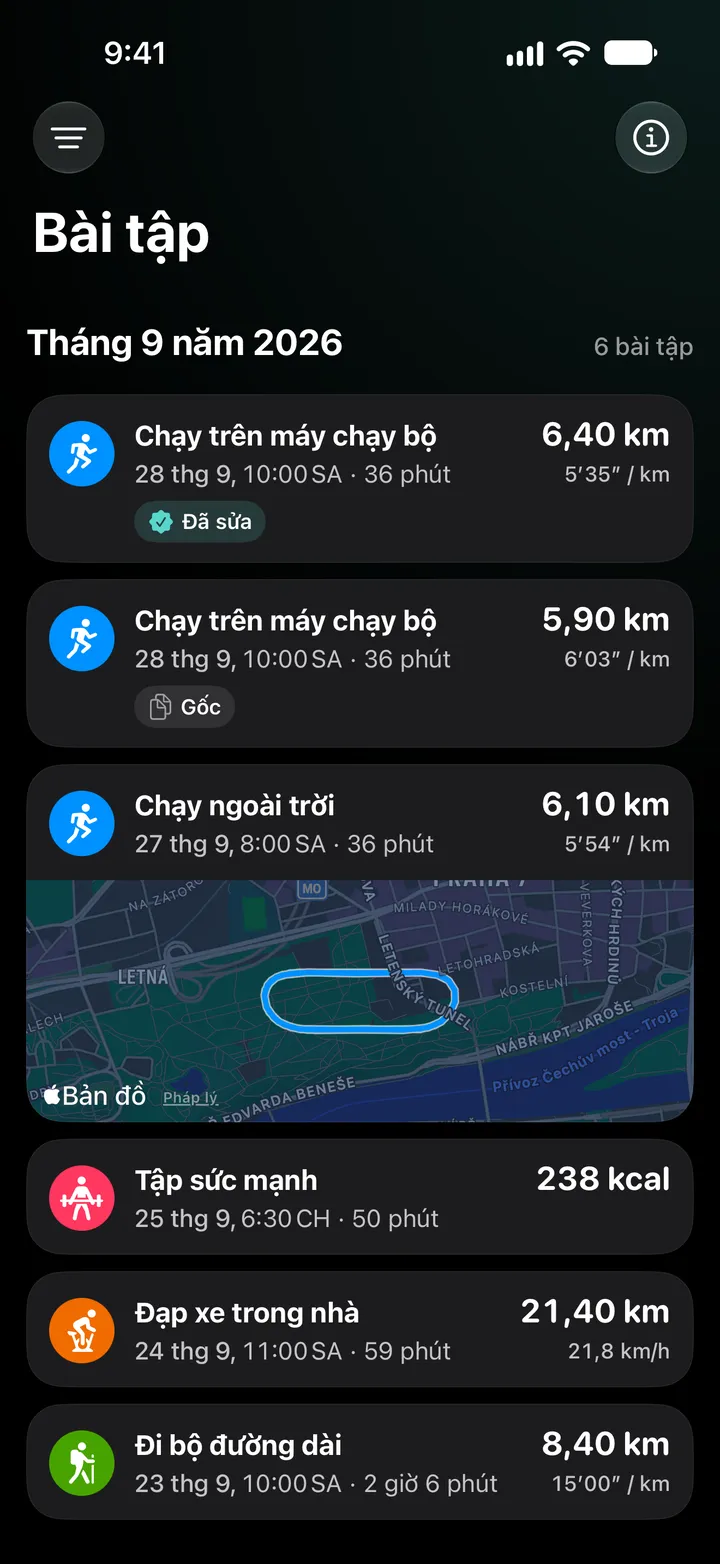 Danh sách bài tập tháng 9 năm 2026: bài chạy trên máy chạy bộ đã sửa 6,40 km nằm trên bản gốc 5,90 km, tiếp theo là một bài chạy ngoài trời có lộ trình, tập sức mạnh, đạp xe trong nhà và một buổi đi bộ đường dài.