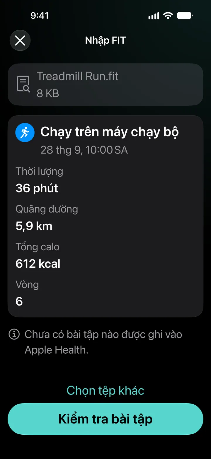 Bản xem trước khi nhập FIT của Treadmill Run.fit: 36 phút, 5,9 km, 612 kcal, 6 vòng. Chưa có bài tập nào được ghi vào Sức khỏe.