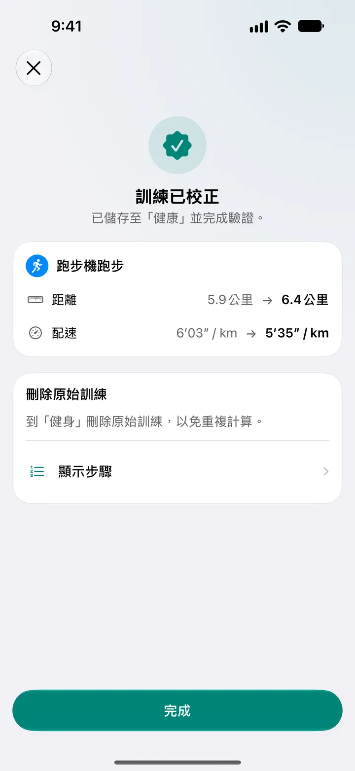 體能訓練已校正，已儲存到「健康」並通過驗證。跑步機跑步的距離從 5.9 公里改為 6.4 公里，配速從每公里 6′03″ 改為 5′35″。